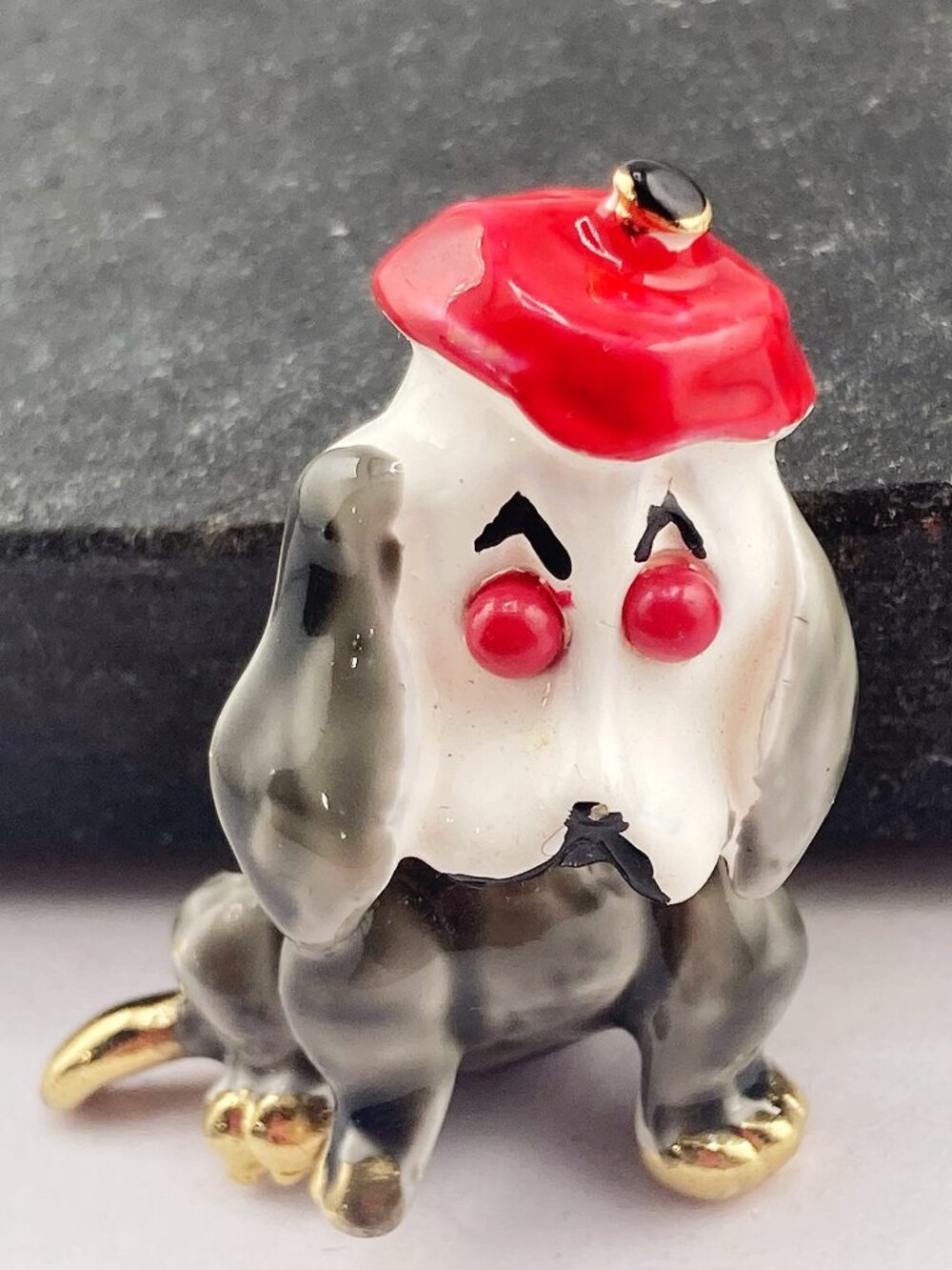 VINTAGE Gold tone metal enamel coated dog wearing a red hat brooch 1950s 60s pin